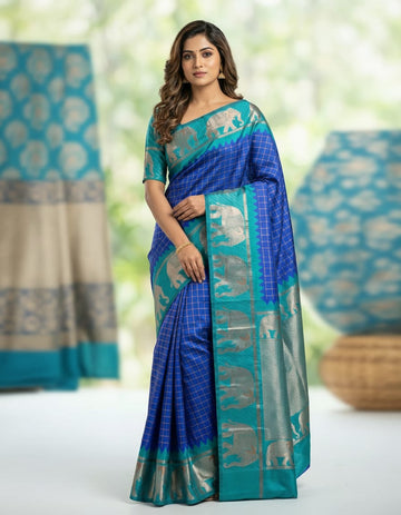 Royal Blue Elephant Checked Saree