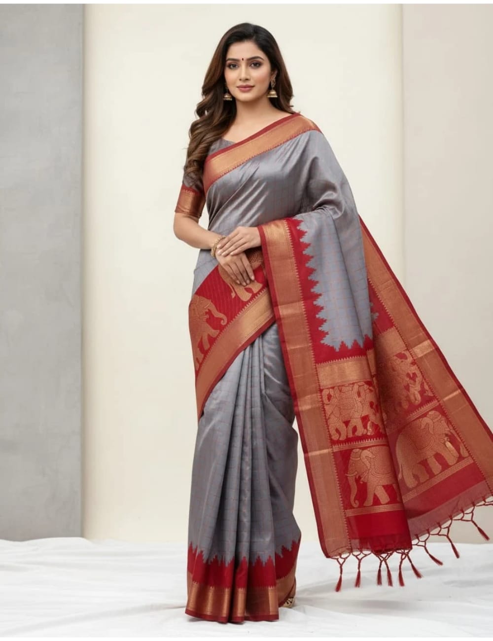 Elephant Jari work checked Pattern Fancy saree