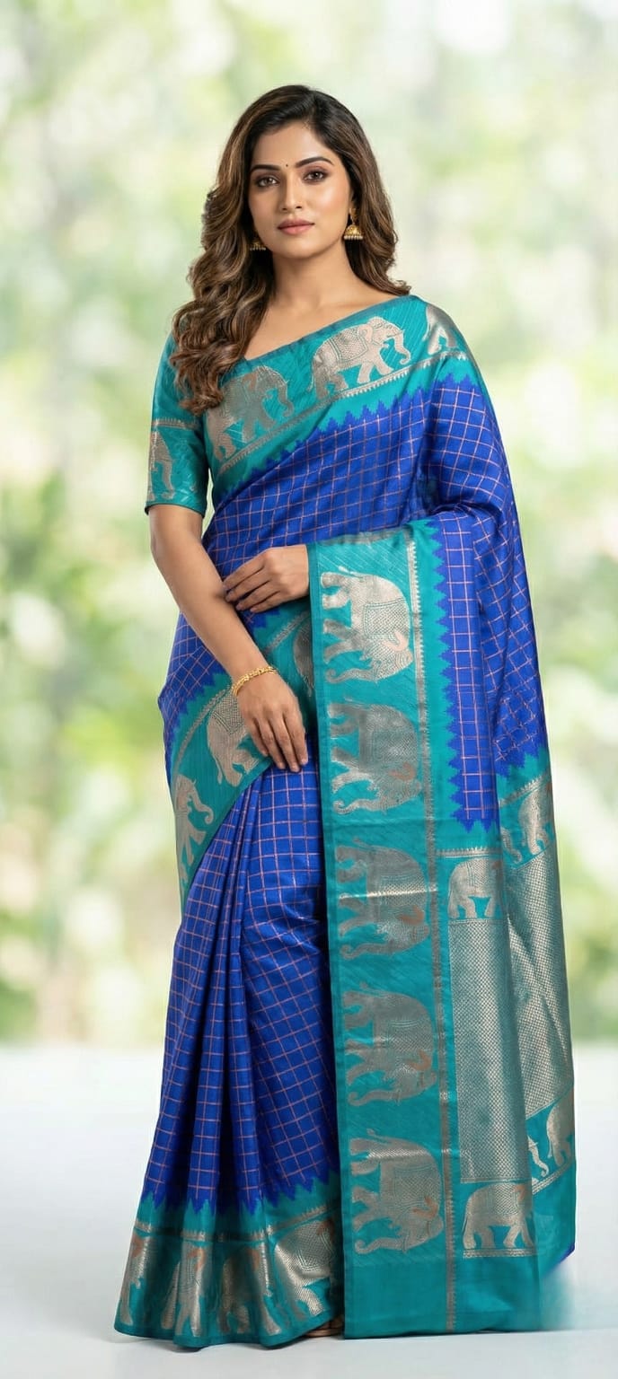 Royal Blue Elephant Checked Saree