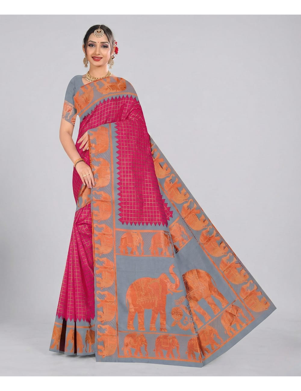 Elephant Jari work checked Pattern Fancy saree