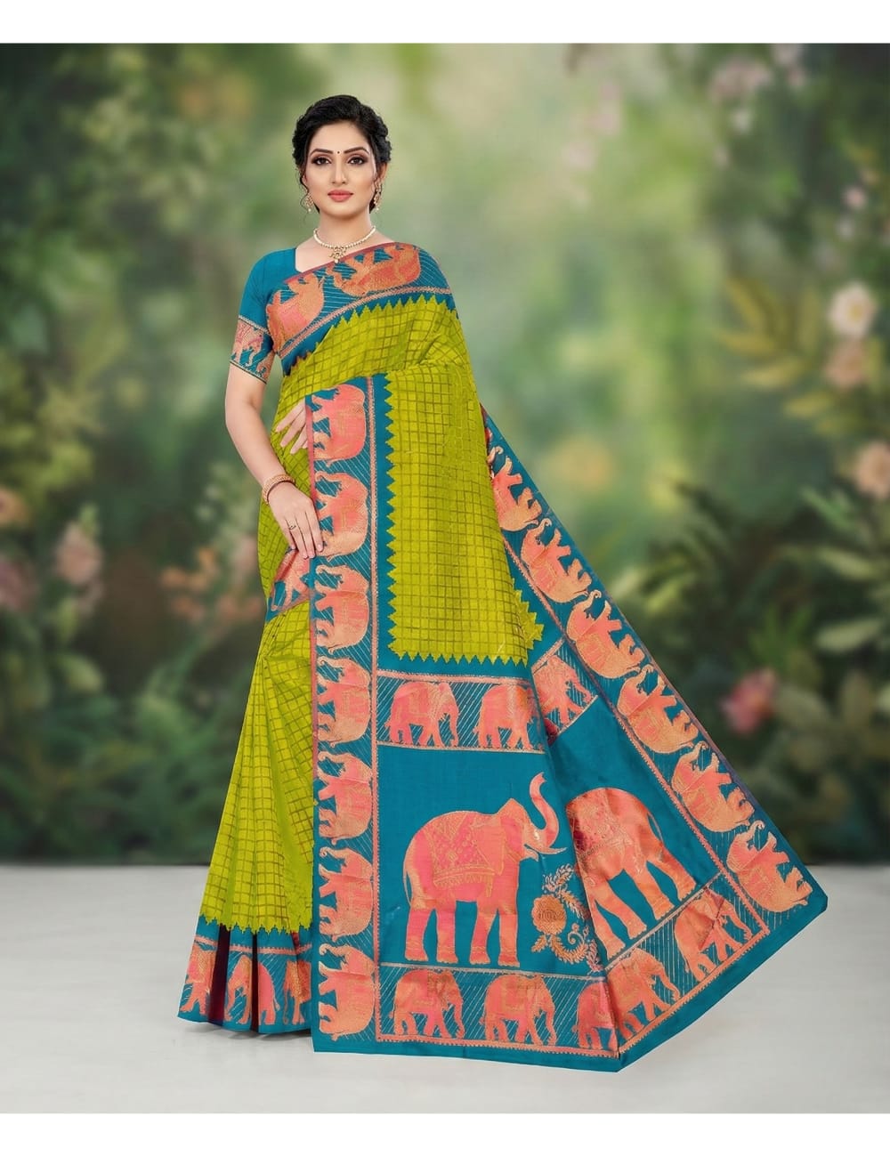 Elephant Jari work checked Pattern Fancy saree