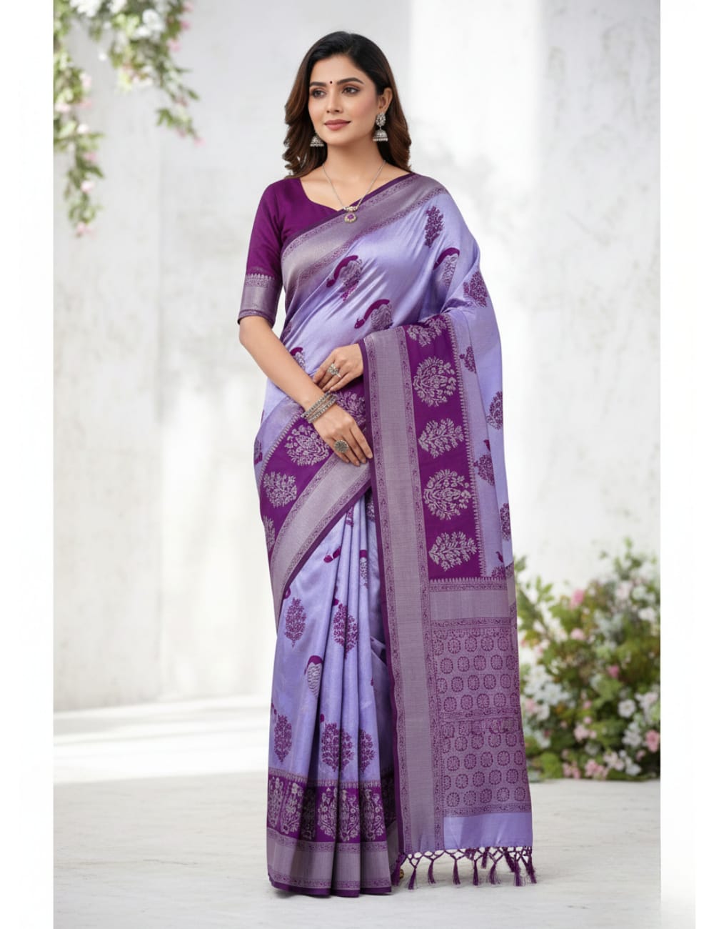 Grand Purple Peacock Banarasi Silk Saree