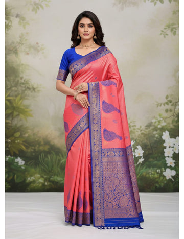 Grand Peach Pink Peacock Banarasi Silk Saree