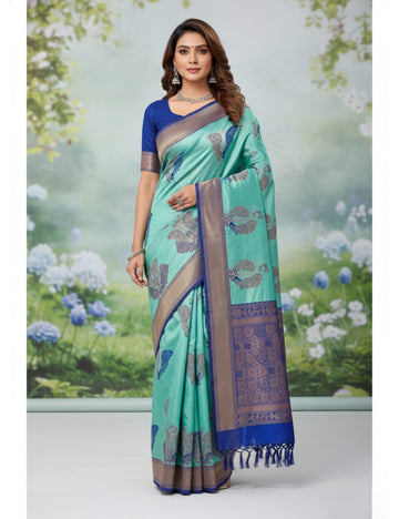 Grand Peacock Blue Banarasi Silk Saree