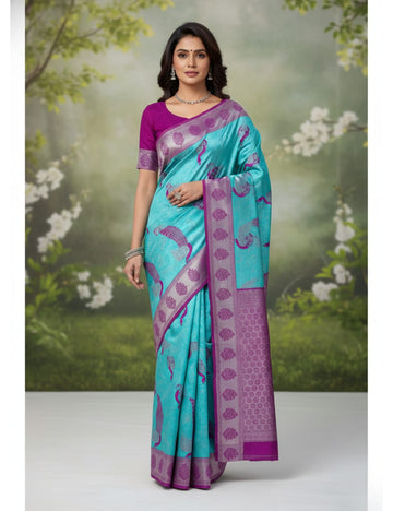 Grand Sky Blue Peacock Banarasi Silk Saree