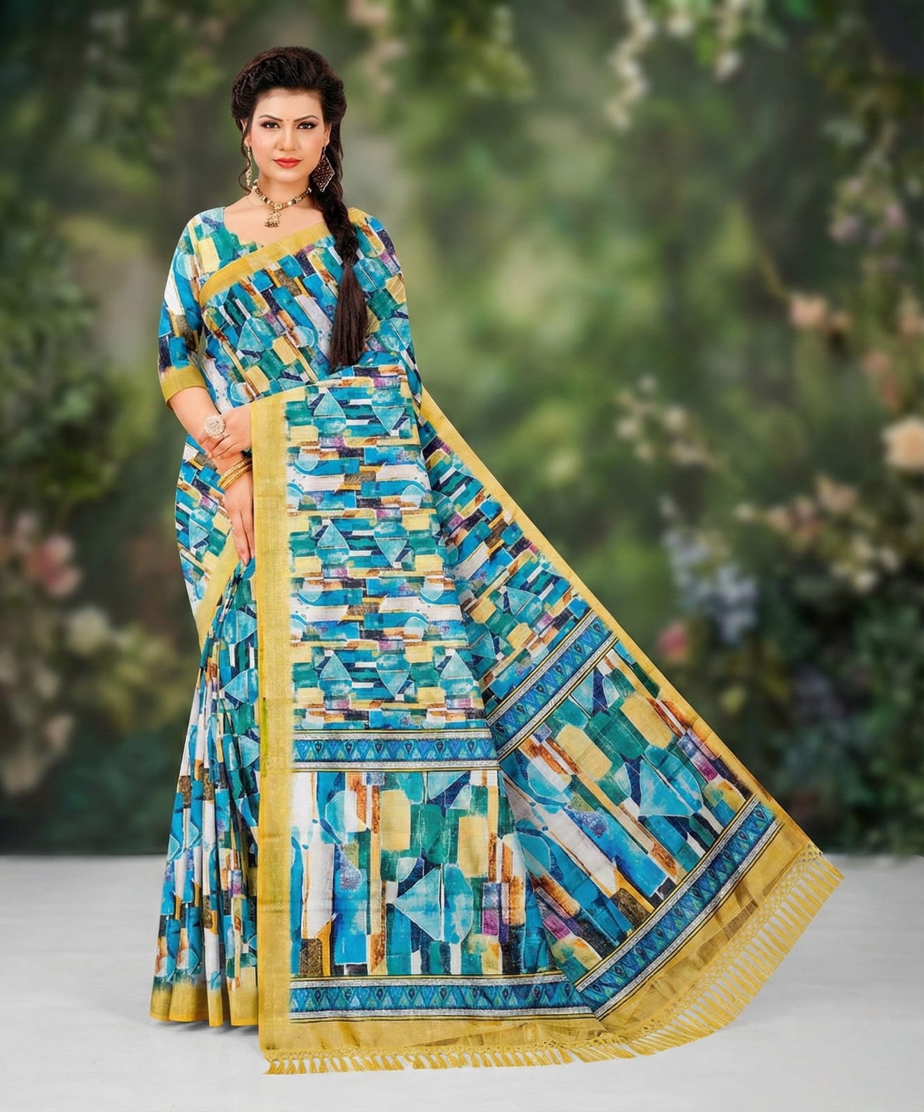 3D Digital Print Blue With Yellow Comfort Saree