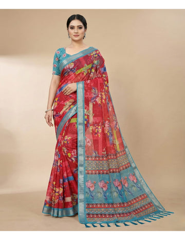 Linen Cotton Red Floral Digital Print Saree
