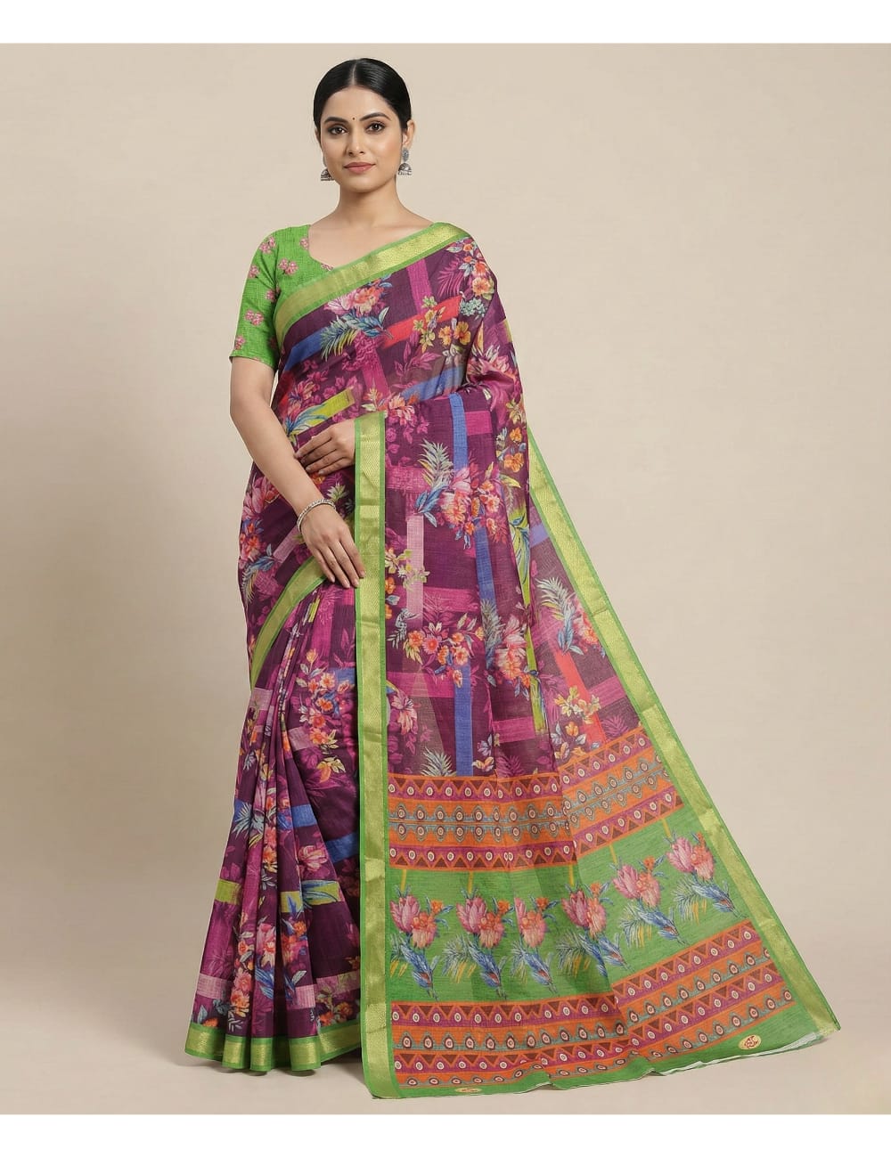Linen Cotton Purple Floral Digital Print Saree