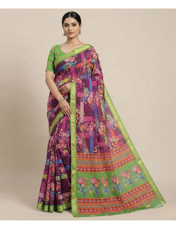 Linen Cotton Purple Floral Digital Print Saree