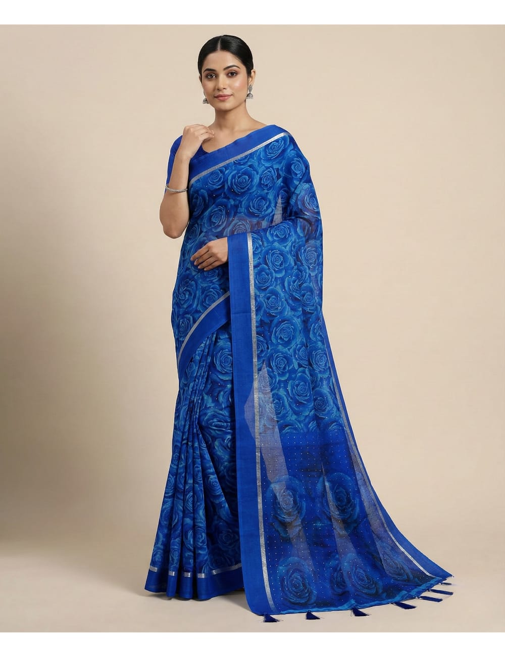 Linen Cotton Royal Blue Floral Digital Print Saree