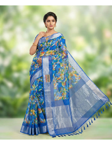 Linen Cotton Sky Blue Floral Digital Print Saree