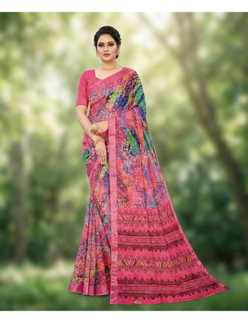 Linen Cotton Pink Floral Digital Print Saree