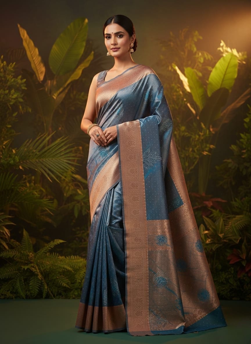 Grand Sky Blue Stone Work Kanchipuram Silk Saree