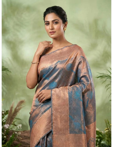 Grand Steel Blue Stone Work Kanchipuram Silk Saree