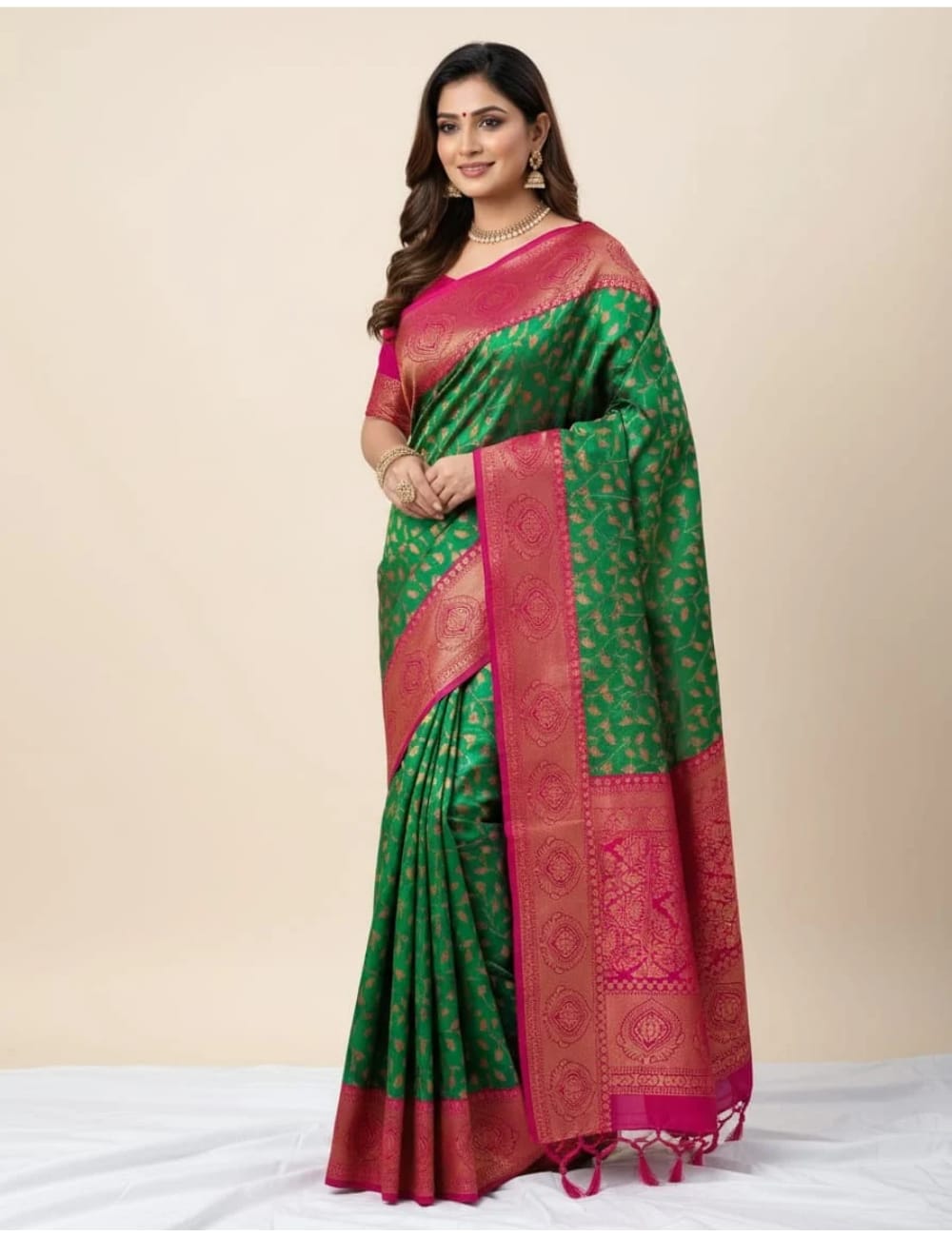 Thread Jari Elegance Green With Pink Saree