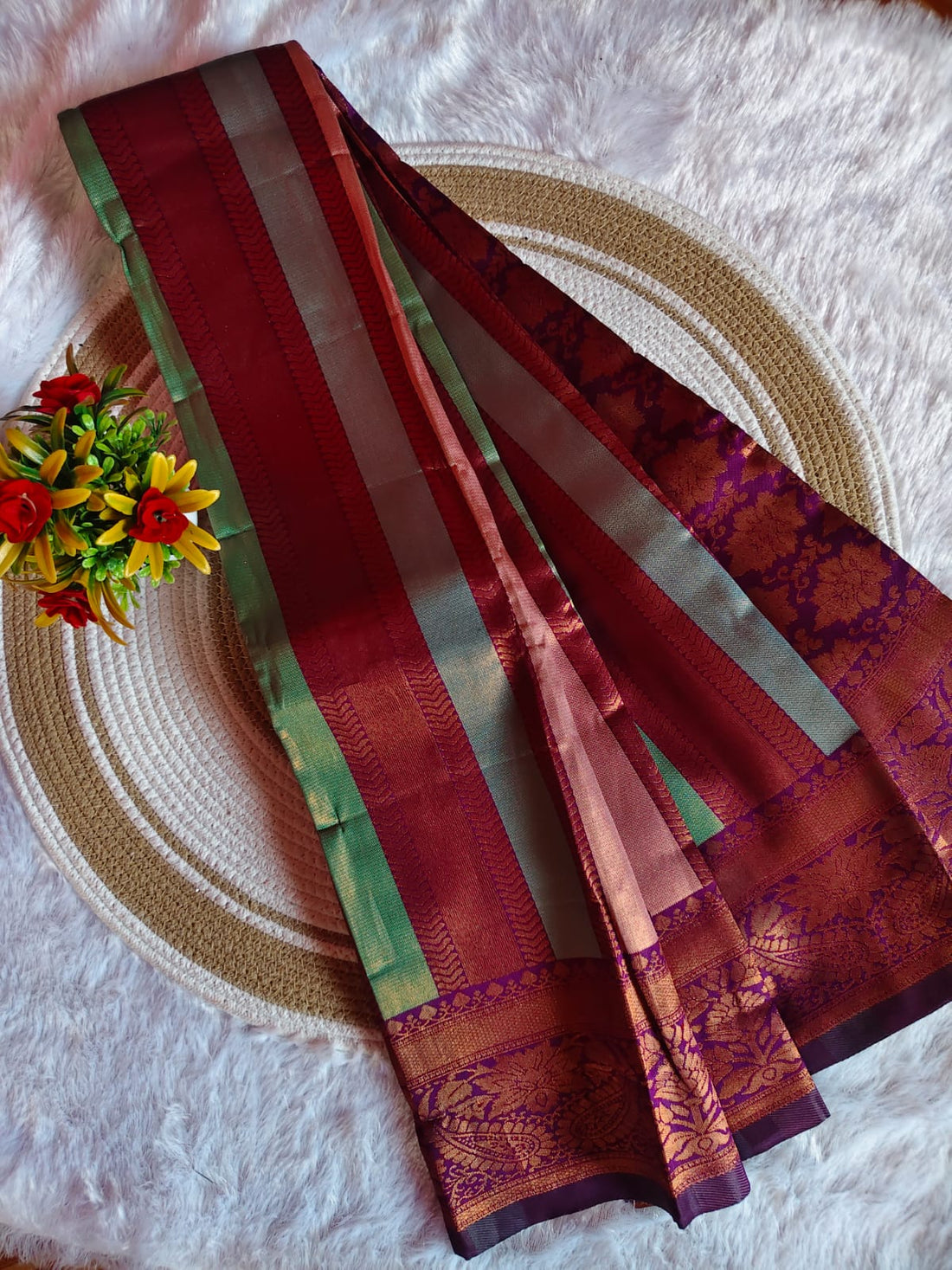 Kanchipuram Purple With Multicolour Vertical Lines Saree