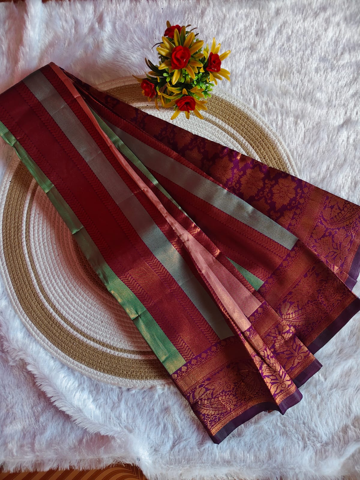 Kanchipuram Purple With Multicolour Vertical Lines Saree