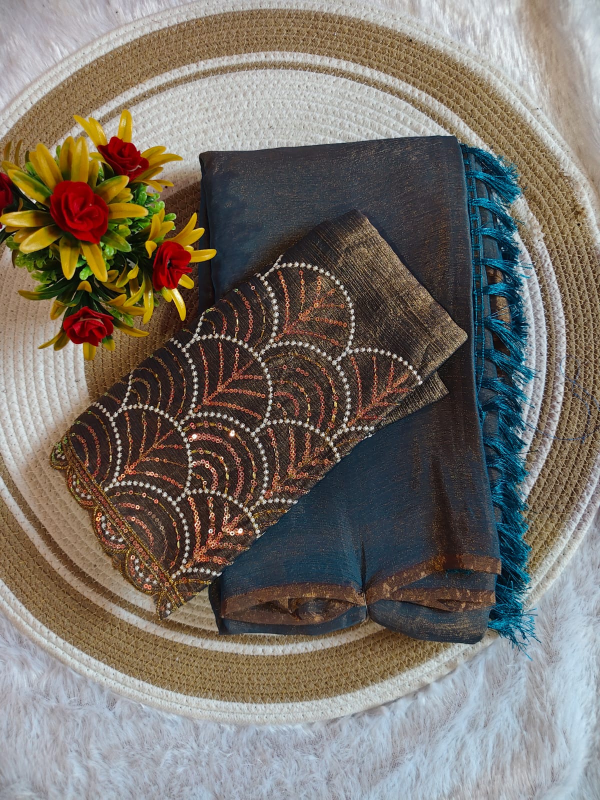 Space Silk Peacock Blue Saree