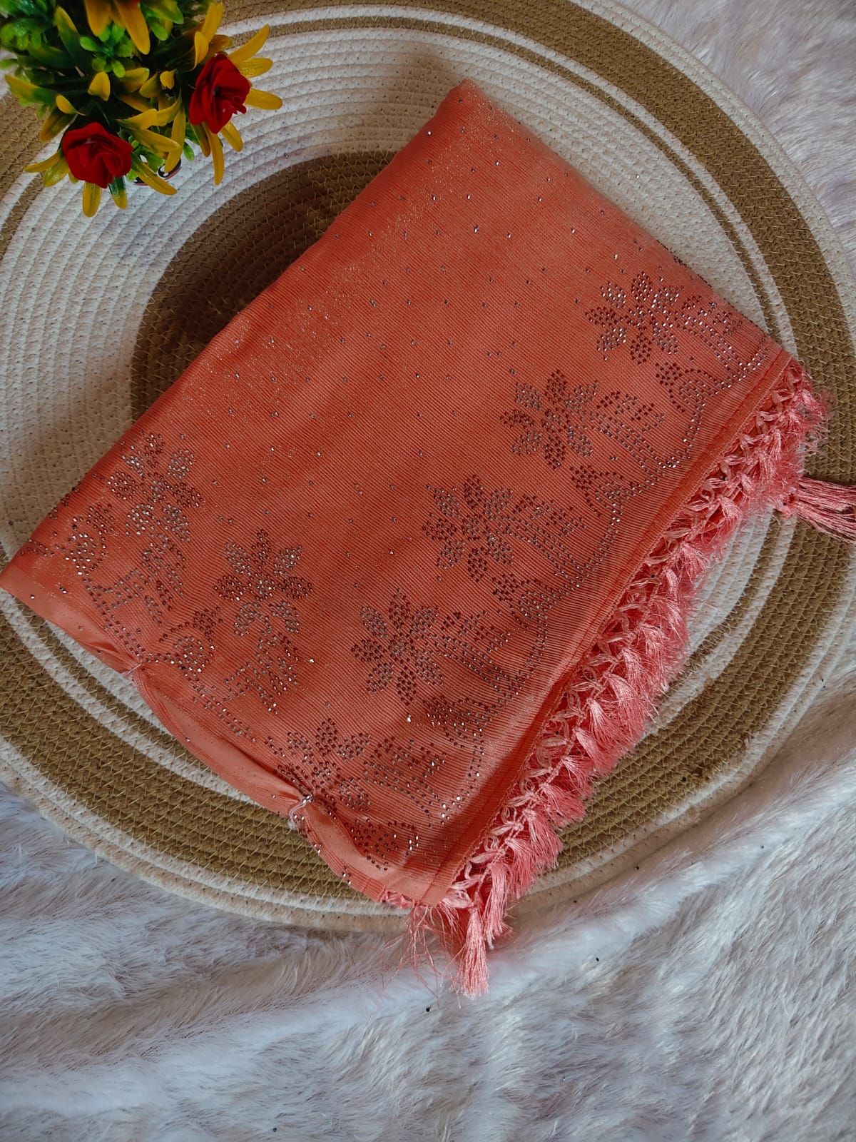 Light Orange Marble Stone Work Party Wear Saree