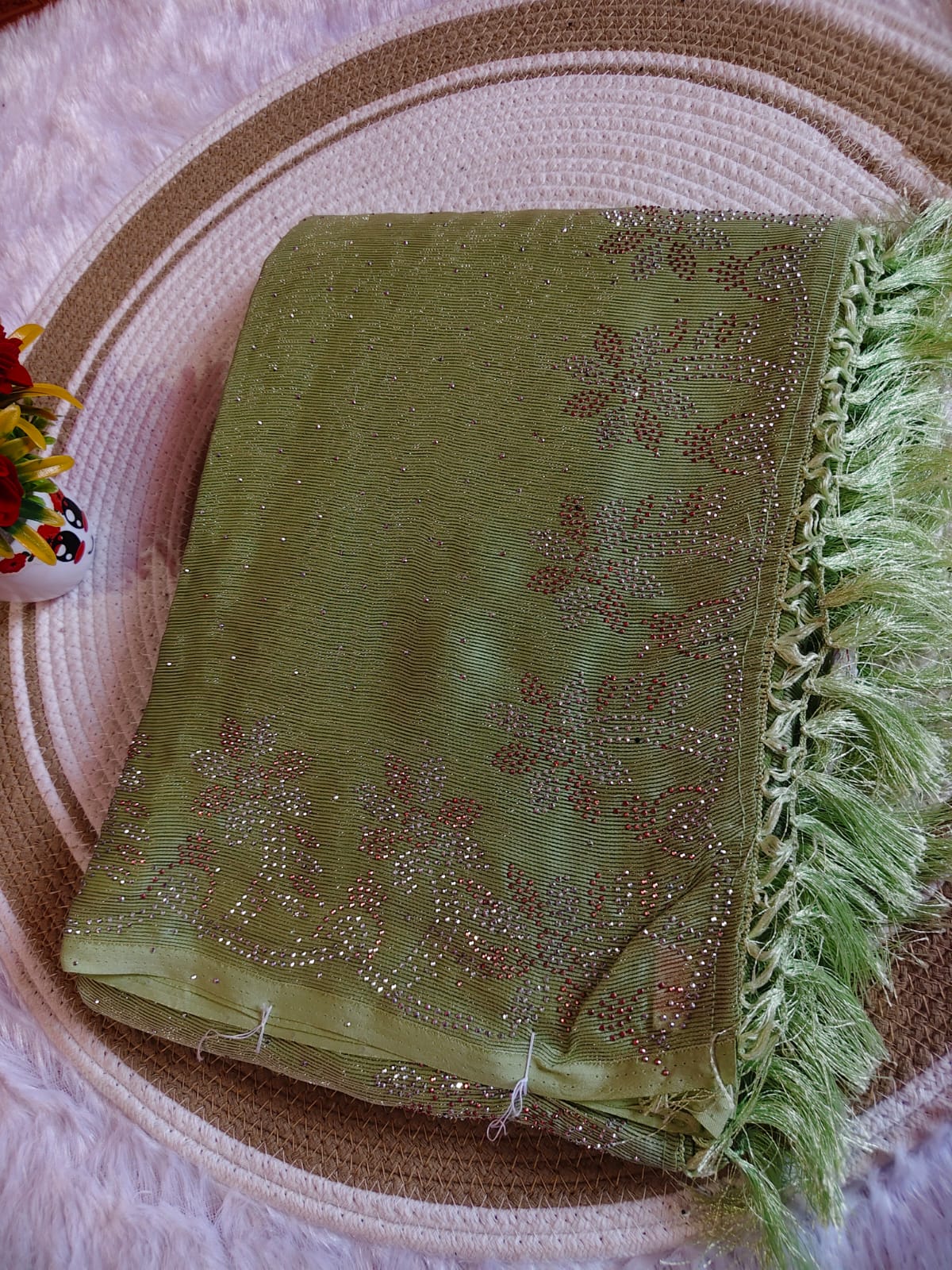 Elegant Light Green Marble Stone Work Party Wear Saree