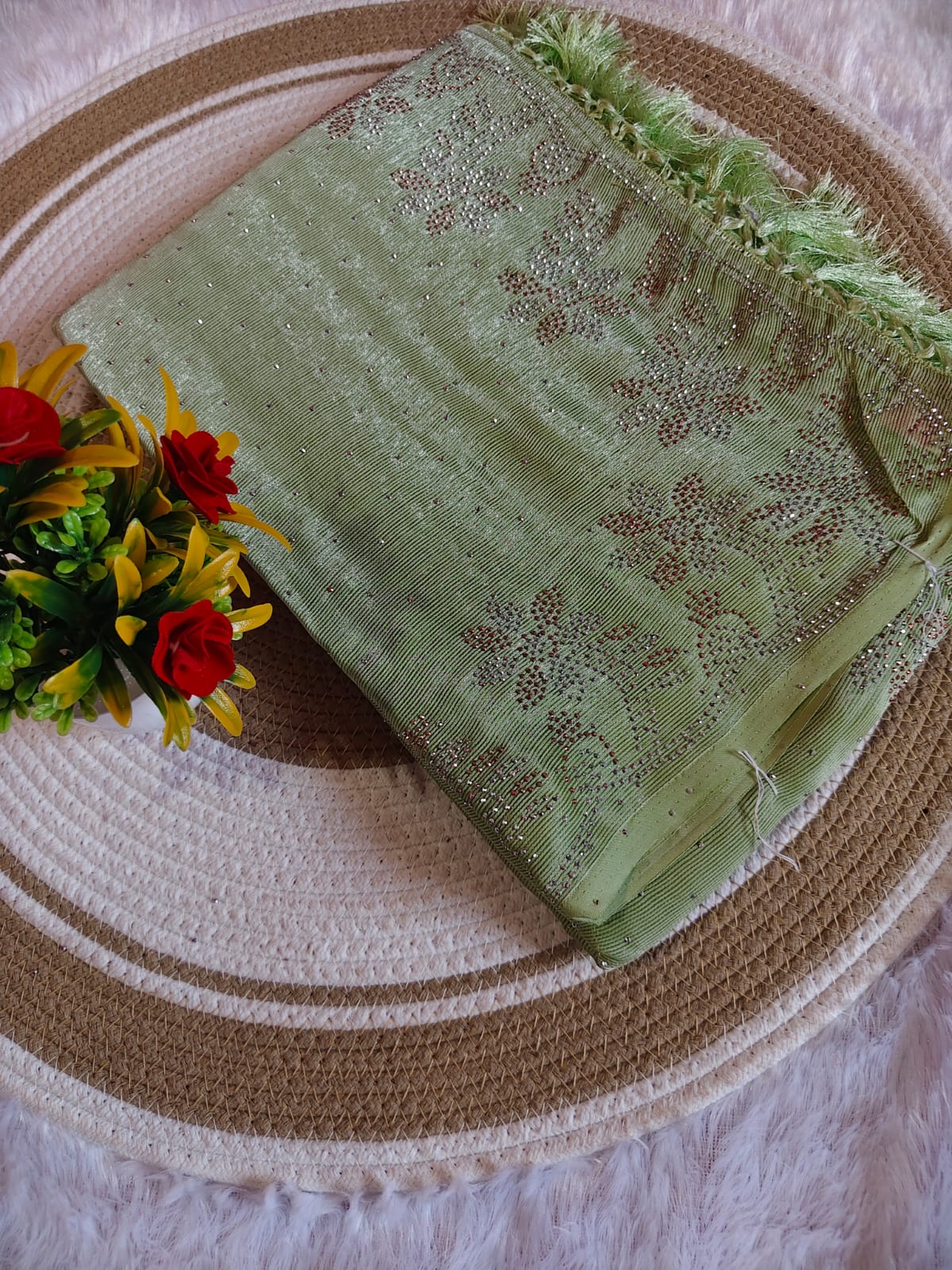 Elegant Light Green Marble Stone Work Party Wear Saree