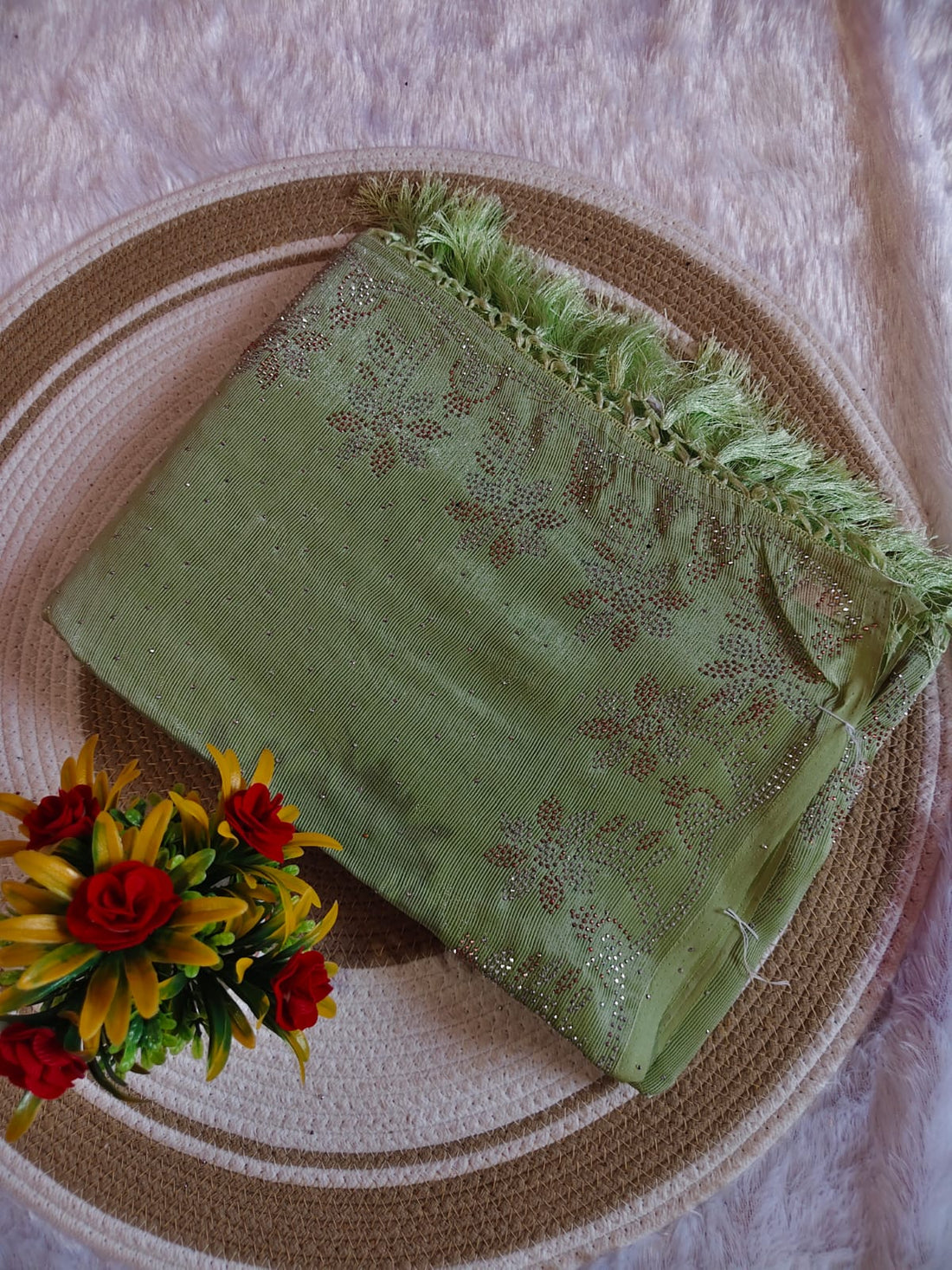 Elegant Light Green Marble Stone Work Party Wear Saree