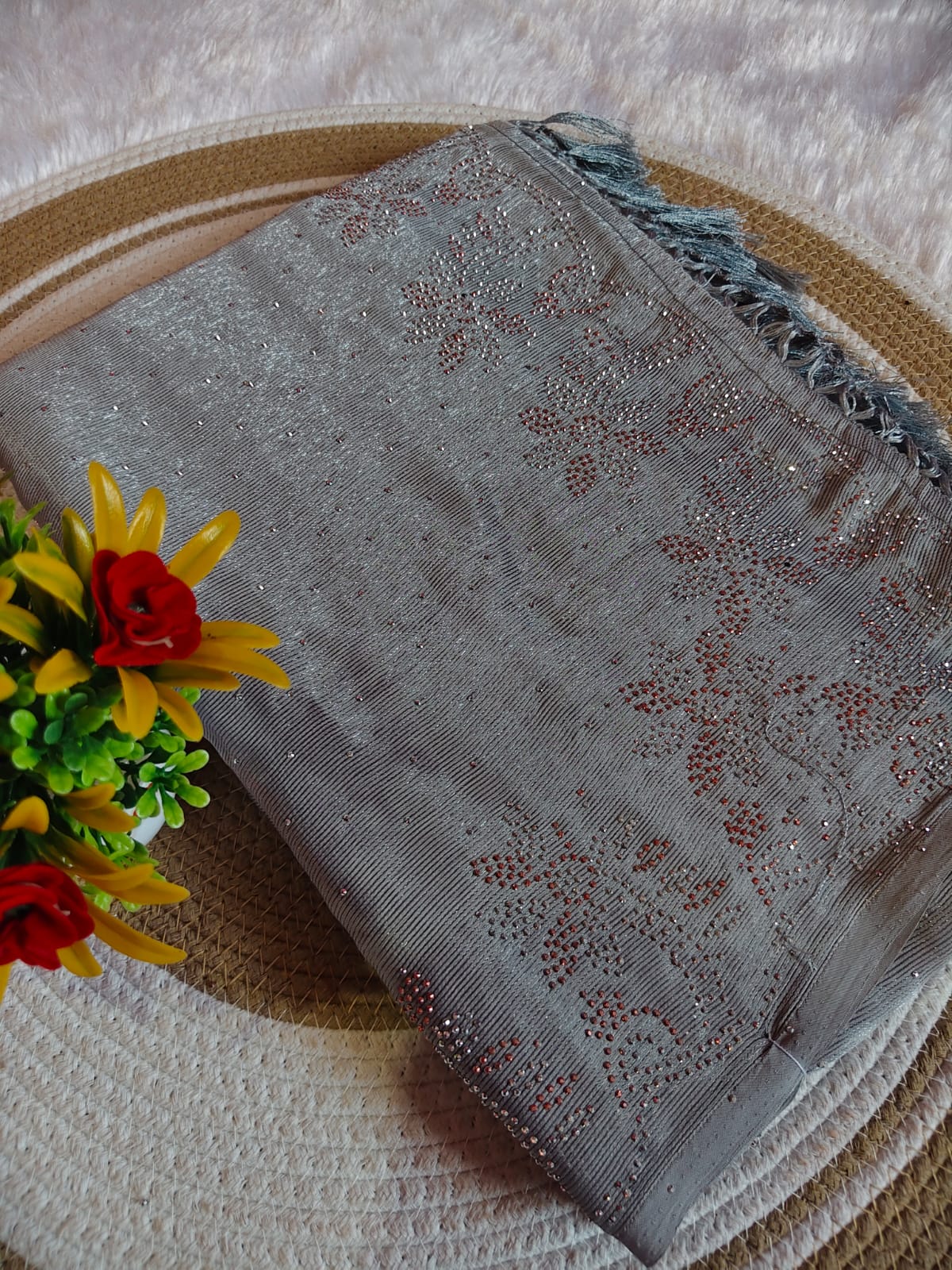 Elegant Gray Marble Stone Work Party Wear Saree