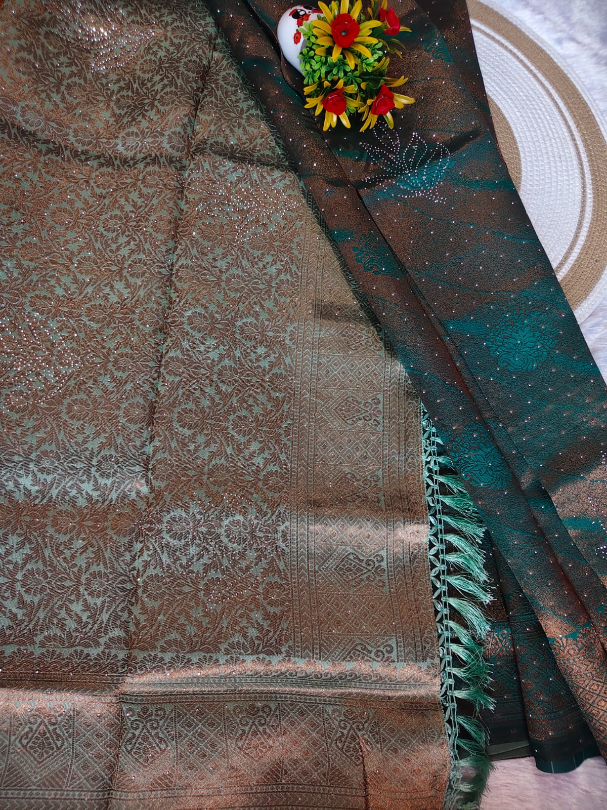 Grand Steel Blue Stone Work Kanchipuram Silk Saree