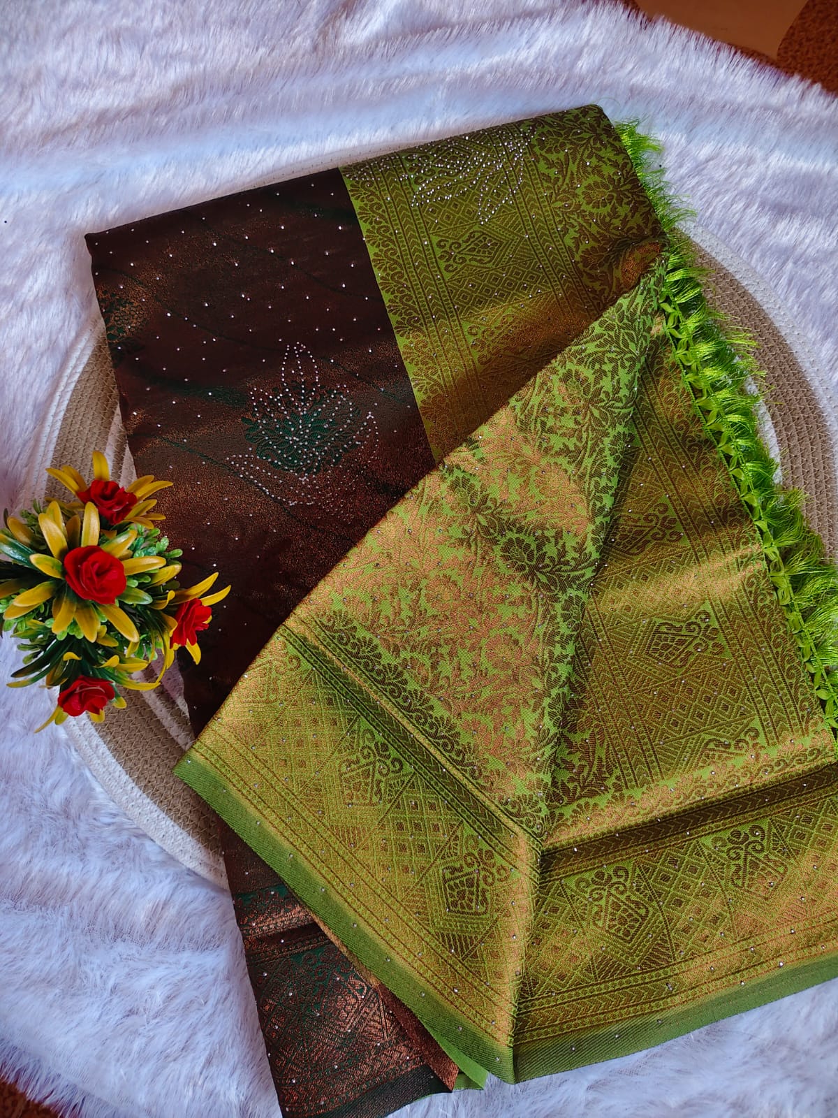 Grand Bottle Green Stone Work Kanchipuram Silk Saree