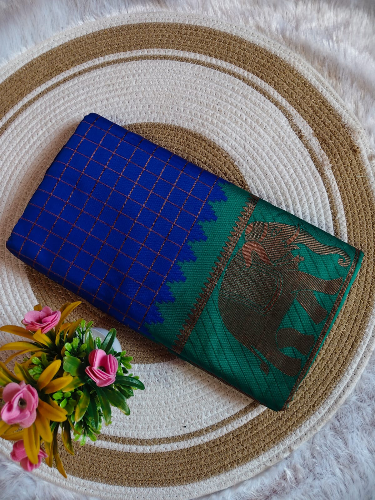 Royal Blue Elephant Checked Saree