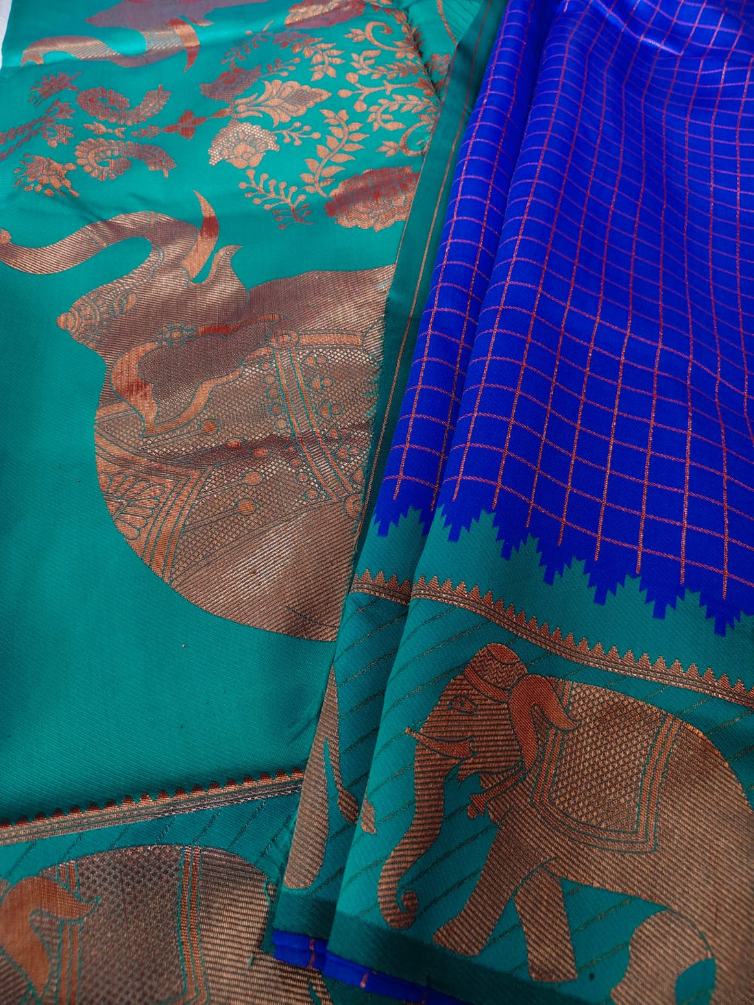 Royal Blue Elephant Checked Saree