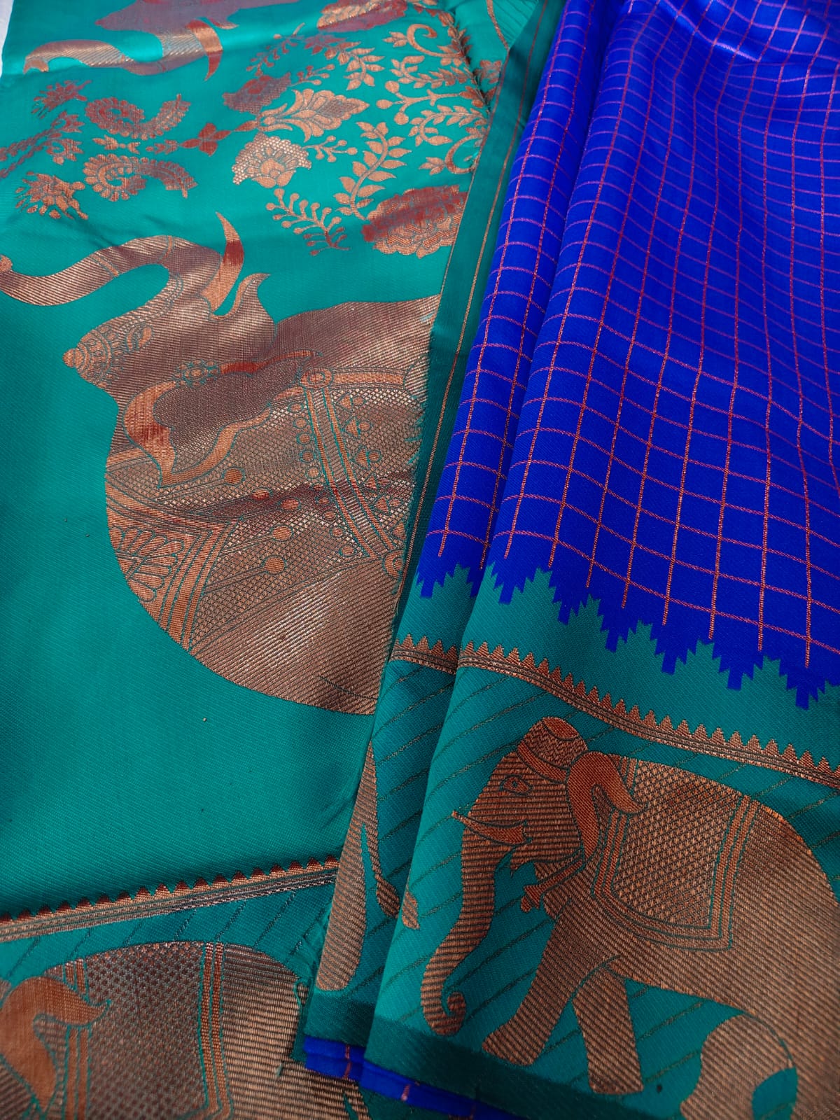 Royal Blue Elephant Checked Saree