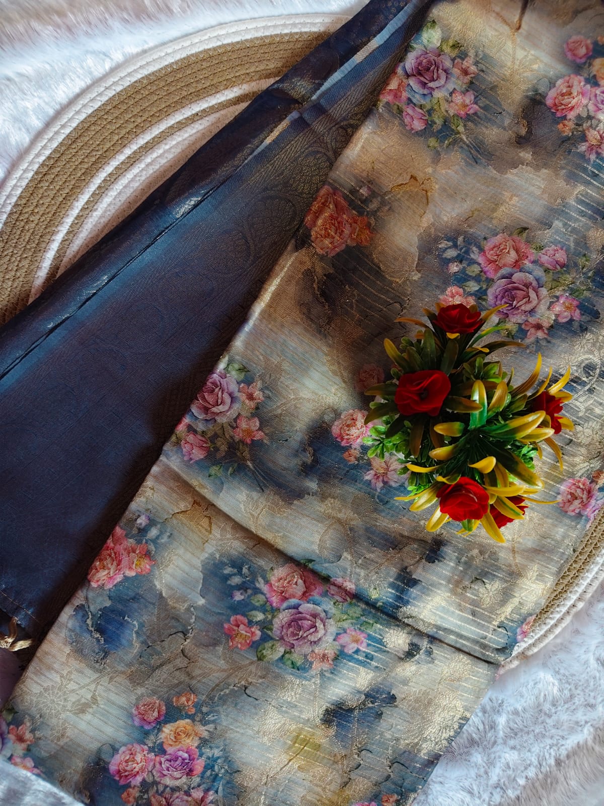 Peacock Gold Sandal With Blue Banarasi Saree