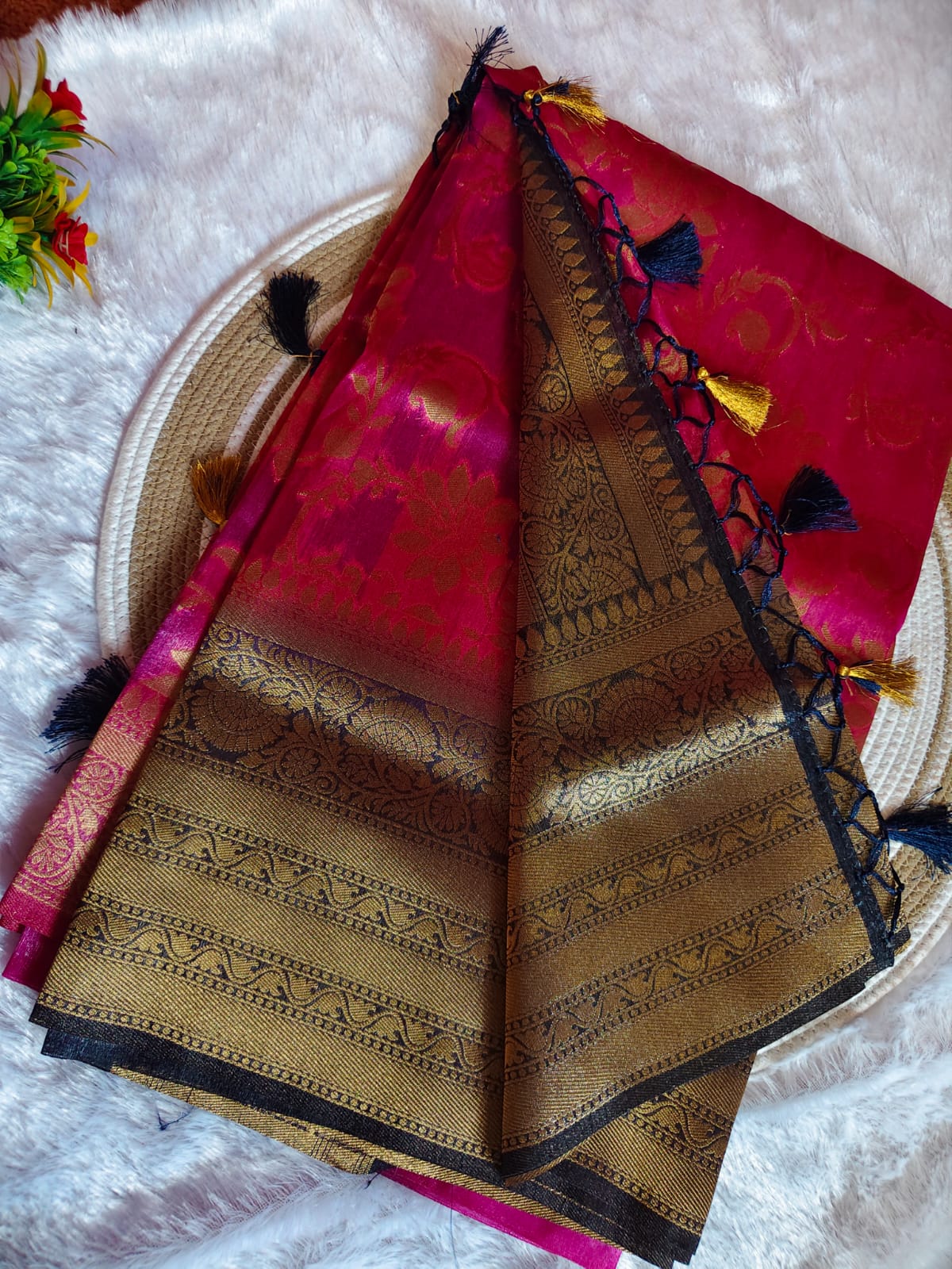 Banarasi Pink With Black Tissue Full Jari Work Saree
