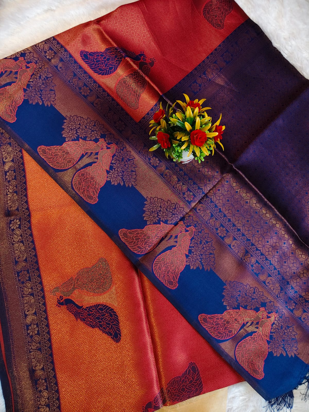 Grand Peach Pink Peacock Banarasi Silk Saree