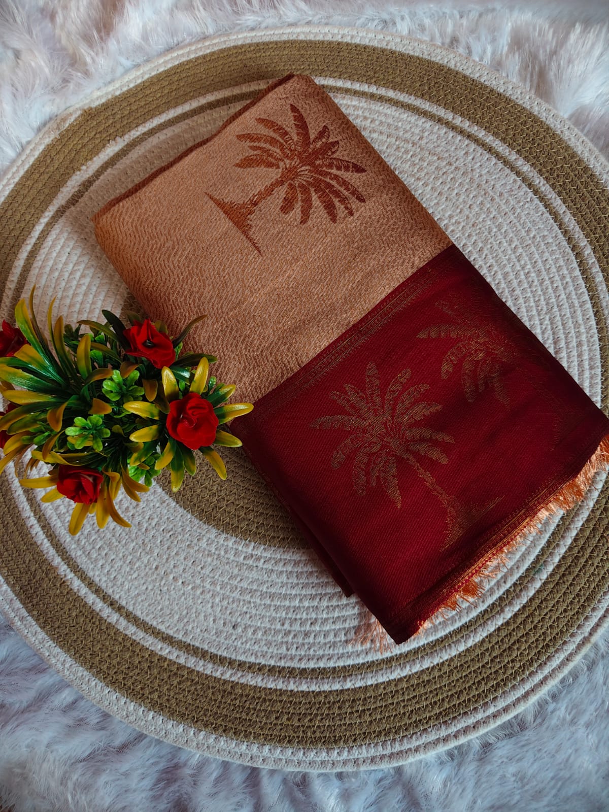 Light Orange With Maroon Dual Tone Dream Saree