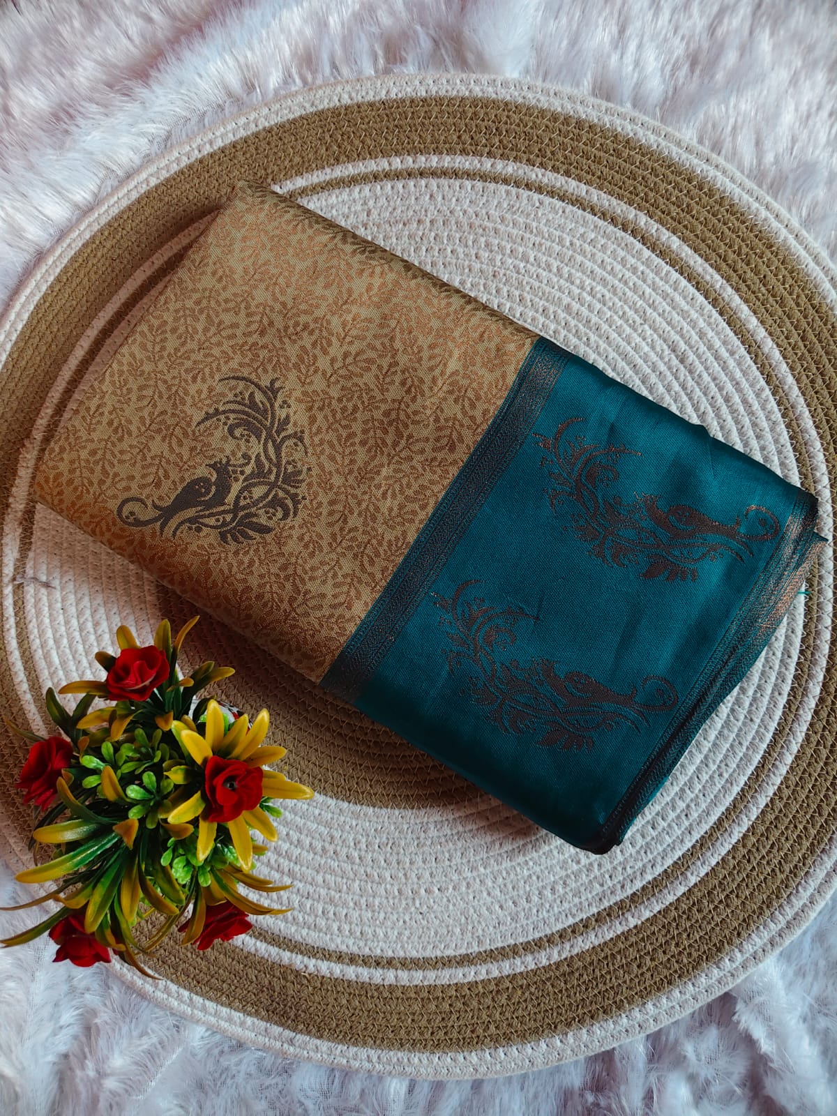 Light Sandal With Sye Blue Dual Tone Dream Saree