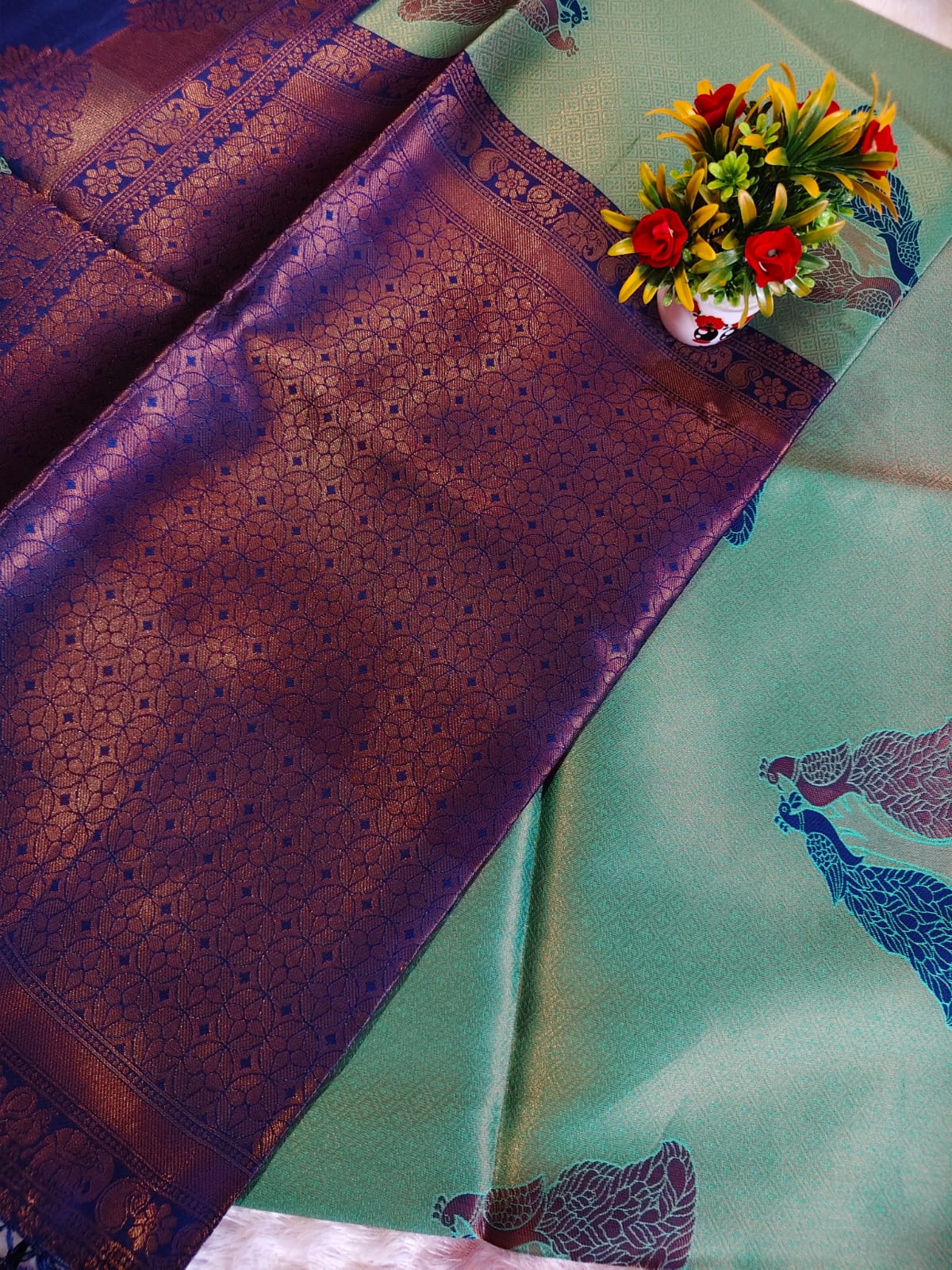 Grand Peacock Blue Banarasi Silk Saree