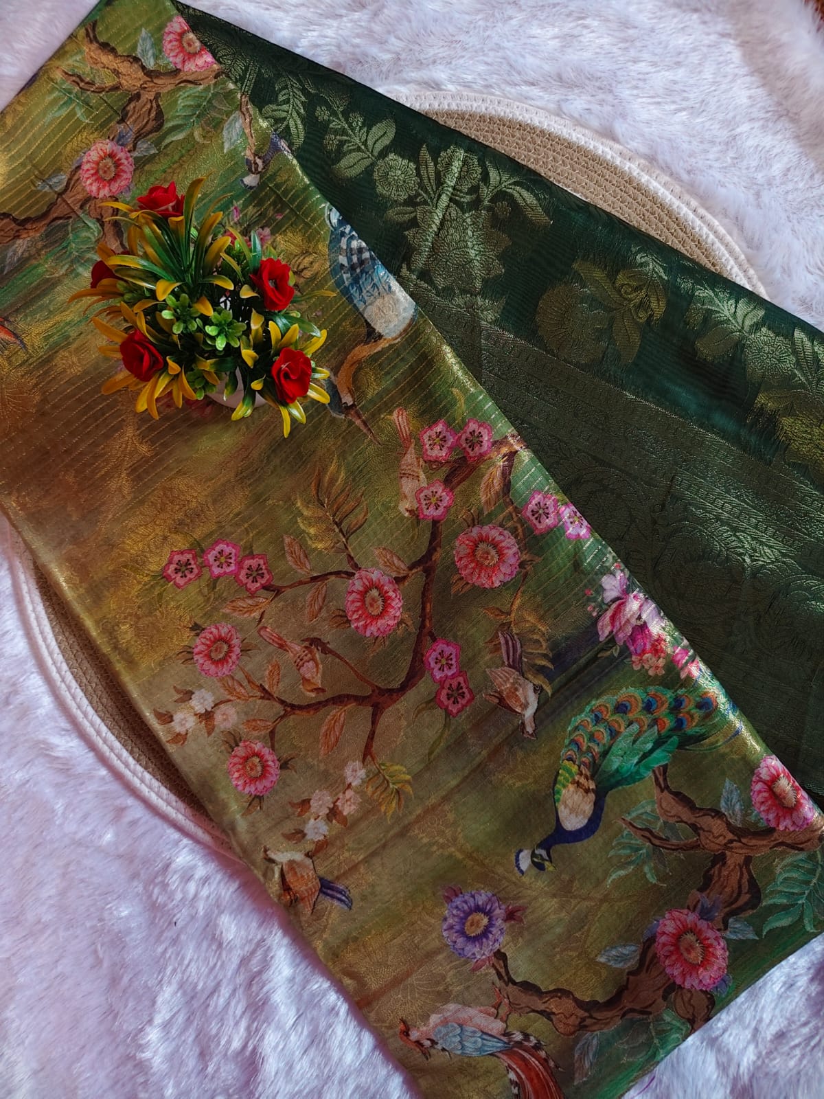 Peacock Gold Bottle Green Banarasi Saree