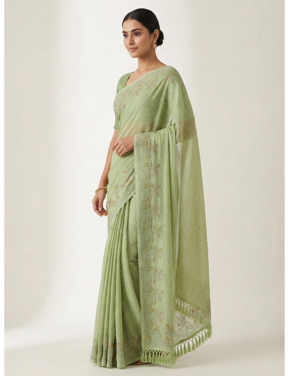 Elegant Light Green Marble Stone Work Party Wear Saree