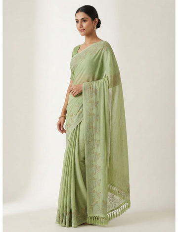 Elegant Light Green Marble Stone Work Party Wear Saree