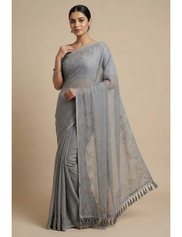 Elegant Gray Marble Stone Work Party Wear Saree
