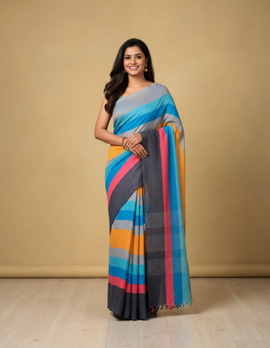 Black Base Multi-Colour Linen Cotton Saree
