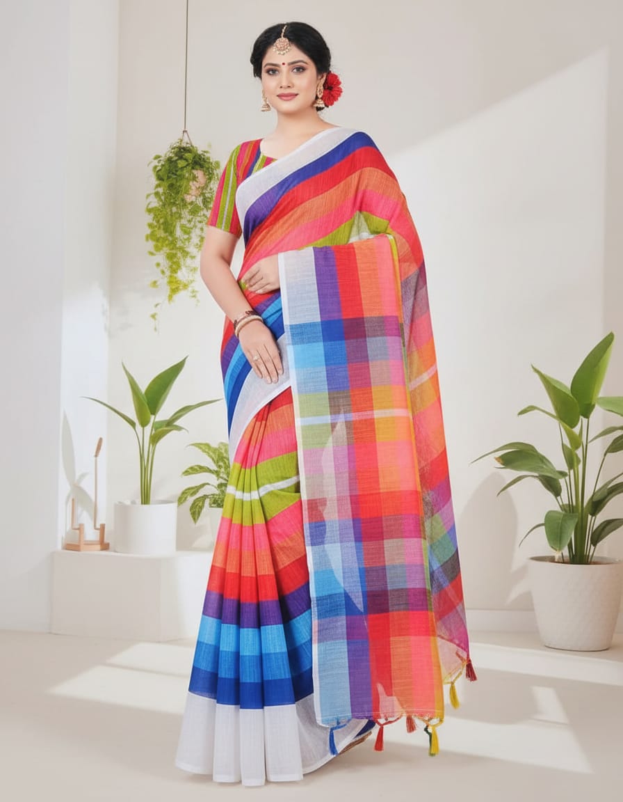 White Base Multi-Colour Linen Cotton Saree