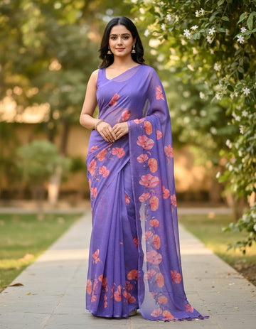 Floral Breeze Blue Linen Cotton Saree