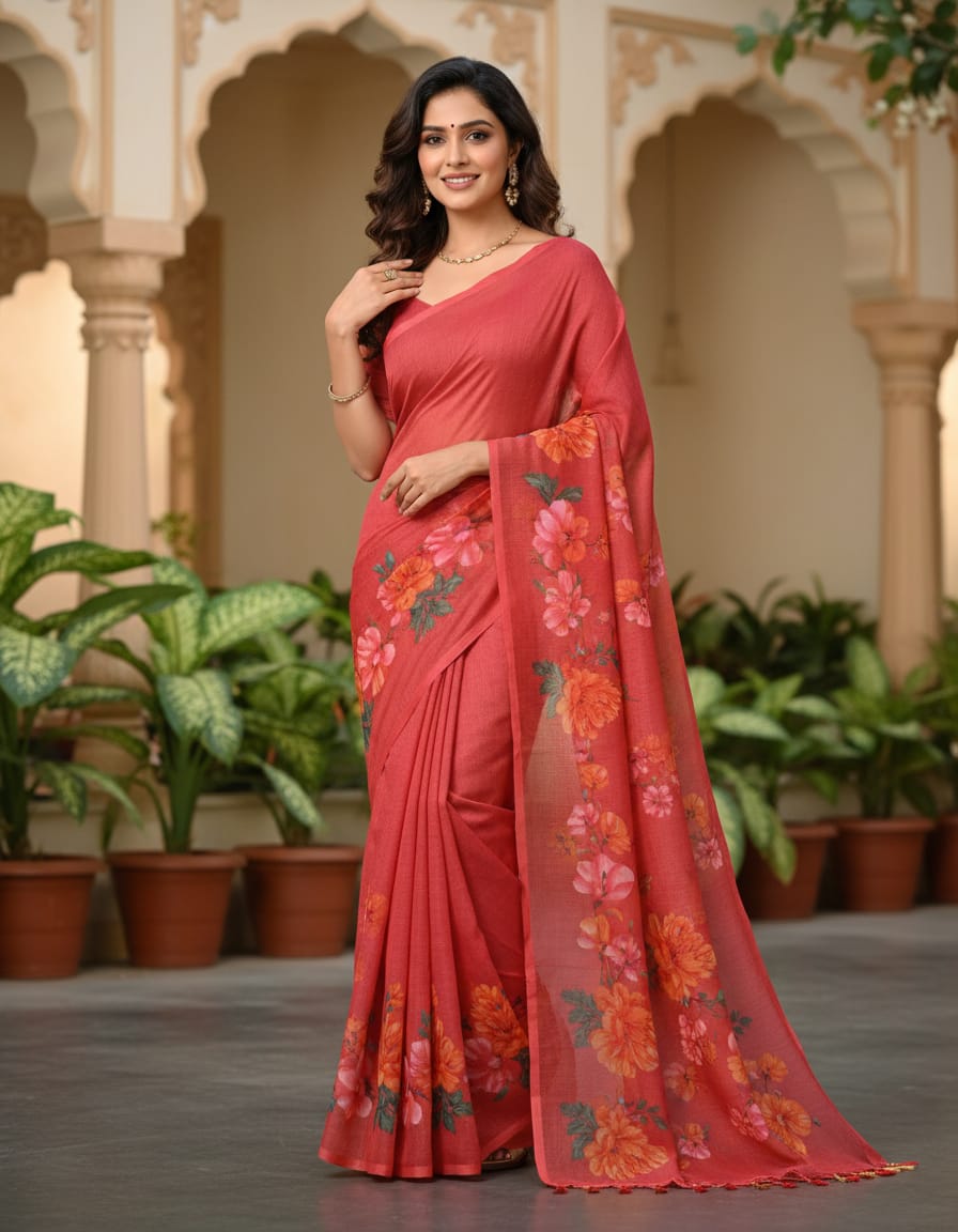 Floral Breeze Maroon Linen Cotton Saree