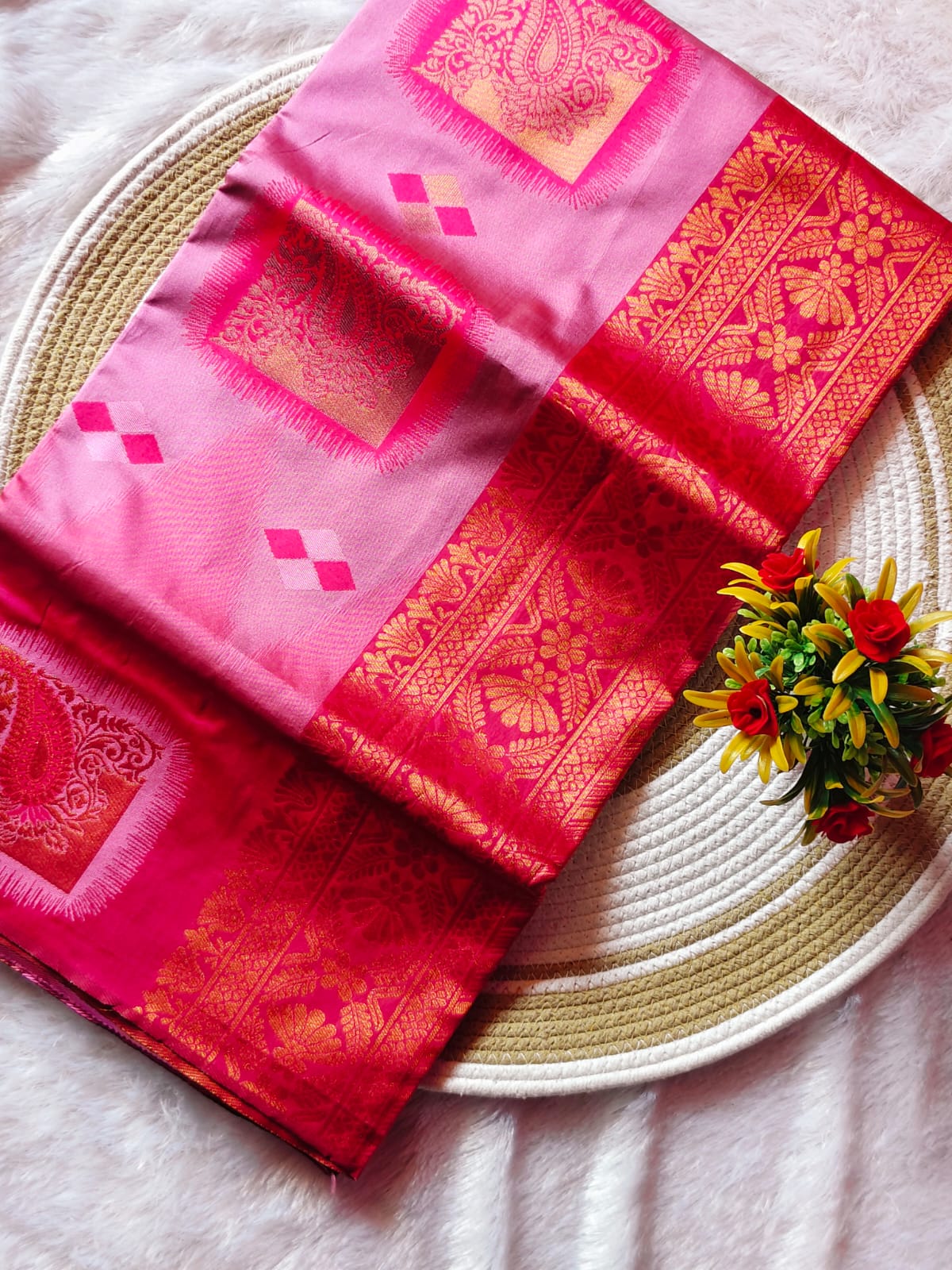 Baby Pink Dual Shade Silk Saree – Premium Contrast Border