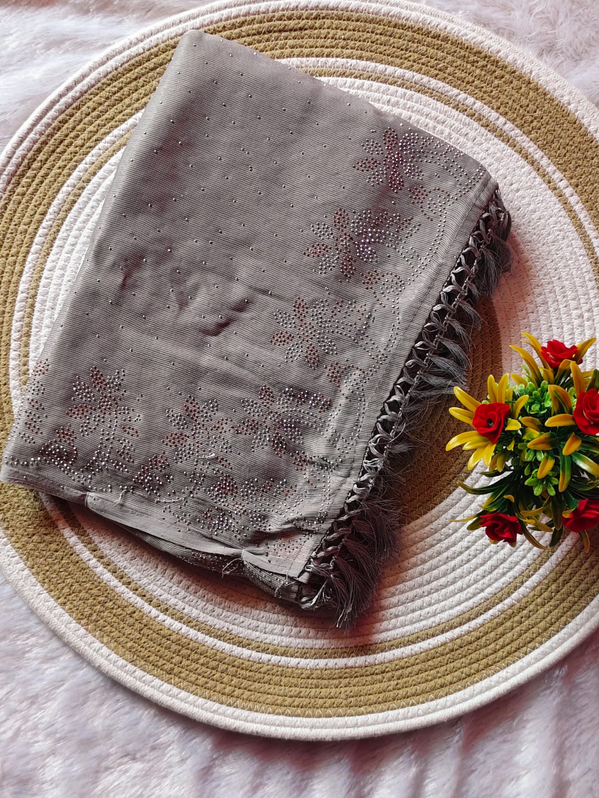 Elegant Gray Marble Stone Work Party Wear Saree