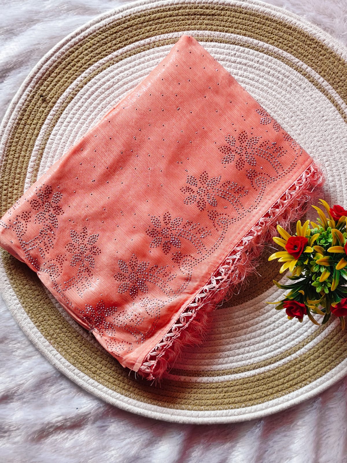 Light Orange Marble Stone Work Party Wear Saree