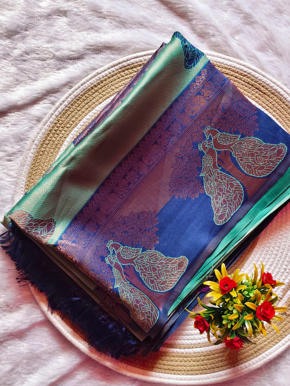 Grand Peacock Blue Banarasi Silk Saree